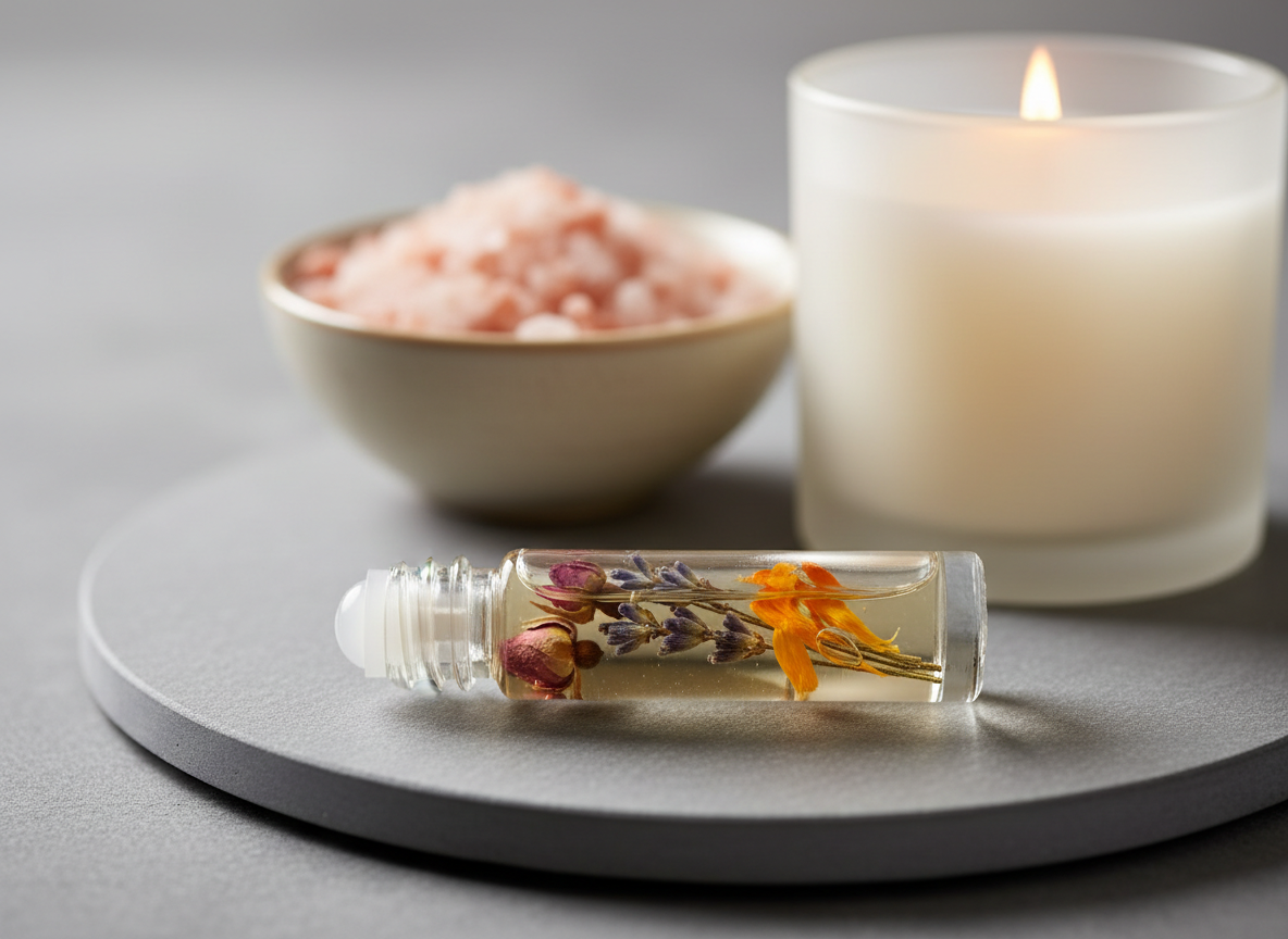 A close-up, side-angle photographic shot of a small, clear rollerball perfume vial resting on a smooth, matte stone surface. Inside the vial, visible suspended botanicals—tiny rosebuds, lavender sprigs, and calendula petals—float in a golden essential oil blend, emphasizing natural and organic ingredients. Behind it, slightly out of focus, sit a ceramic bowl of pink Himalayan salt and a lit soy wax candle in a frosted jar, contributing to a serene, spa-like feeling. Soft candlelight mixes with faint ambient daylight, casting warm reflections along the glass edges and creating a tranquil, intimate atmosphere. The composition is asymmetrical with a shallow depth of field, highlighting thoughtful, sophisticated self-care.