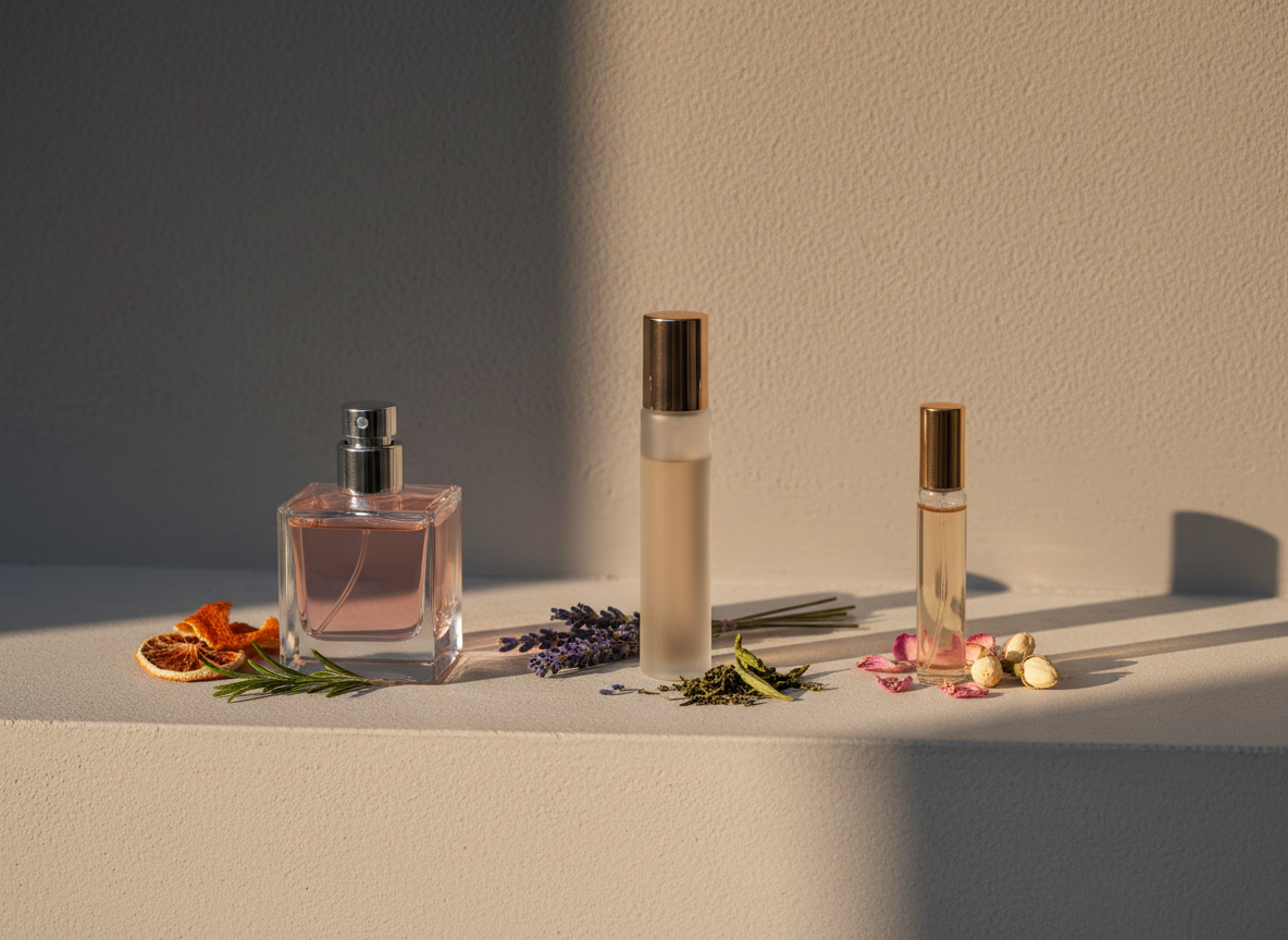 A row of three distinct natural fragrance bottles styled as a cohesive collection, arranged on a pale concrete ledge in front of a softly textured, warm gray wall. One bottle is square with clear glass, one is slender and cylindrical with frosted glass, and one is a petite rollerball, each containing subtly different tinted liquids from blush to pale gold. Beside each bottle are small clusters of ingredients—citrus peel, herbs, and flower petals—hinting at unique scent stories. Gentle late-afternoon sunlight streams from the side, creating elegant, elongated shadows and a refined play of light. Captured in photographic realism at eye level with sharp focus throughout, the overall mood is polished, modern, and quietly luxurious.