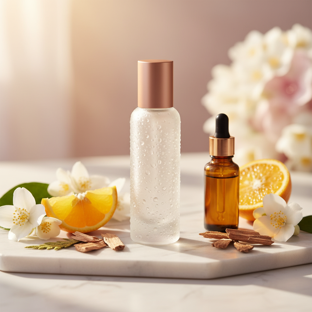 A single, tall, frosted glass perfume bottle with a matte rose-gold cap, tiny condensation droplets glistening on its surface, positioned on a smooth, white marble slab. Around it lie carefully arranged ingredients: fresh bergamot slices, jasmine blossoms, cedarwood chips, and a small amber essential oil vial, all clearly natural and organic. Soft, diffused golden hour light enters from the side, creating a warm glow and subtle highlights on the bottle’s edges. The background is a gentle bokeh of muted pinks and creams, suggesting refined femininity. Captured from a slightly elevated angle in photographic realism, with balanced negative space for text overlay, the composition feels sophisticated, pure, and artisanal.