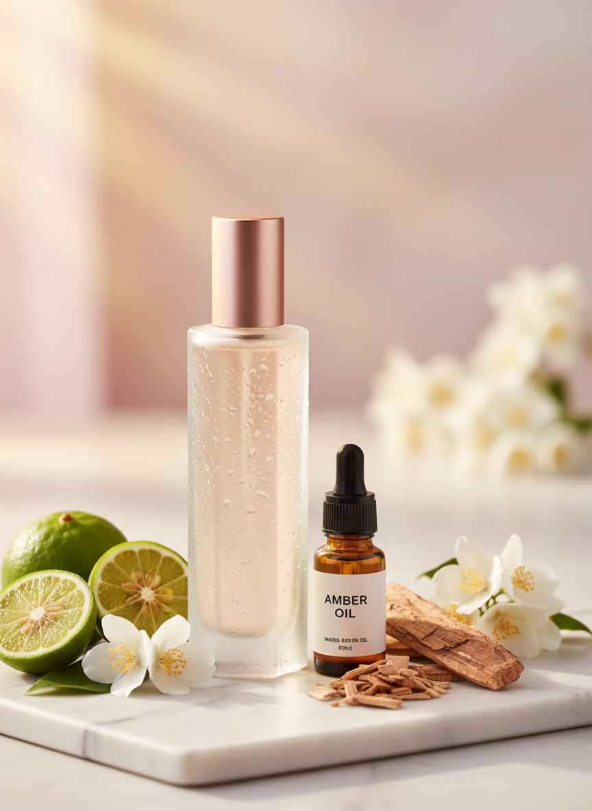A single, tall, frosted glass perfume bottle with a matte rose-gold cap, tiny condensation droplets glistening on its surface, positioned on a smooth, white marble slab. Around it lie carefully arranged ingredients: fresh bergamot slices, jasmine blossoms, cedarwood chips, and a small amber essential oil vial, all clearly natural and organic. Soft, diffused golden hour light enters from the side, creating a warm glow and subtle highlights on the bottle’s edges. The background is a gentle bokeh of muted pinks and creams, suggesting refined femininity. Captured from a slightly elevated angle in photographic realism, with balanced negative space for text overlay, the composition feels sophisticated, pure, and artisanal.