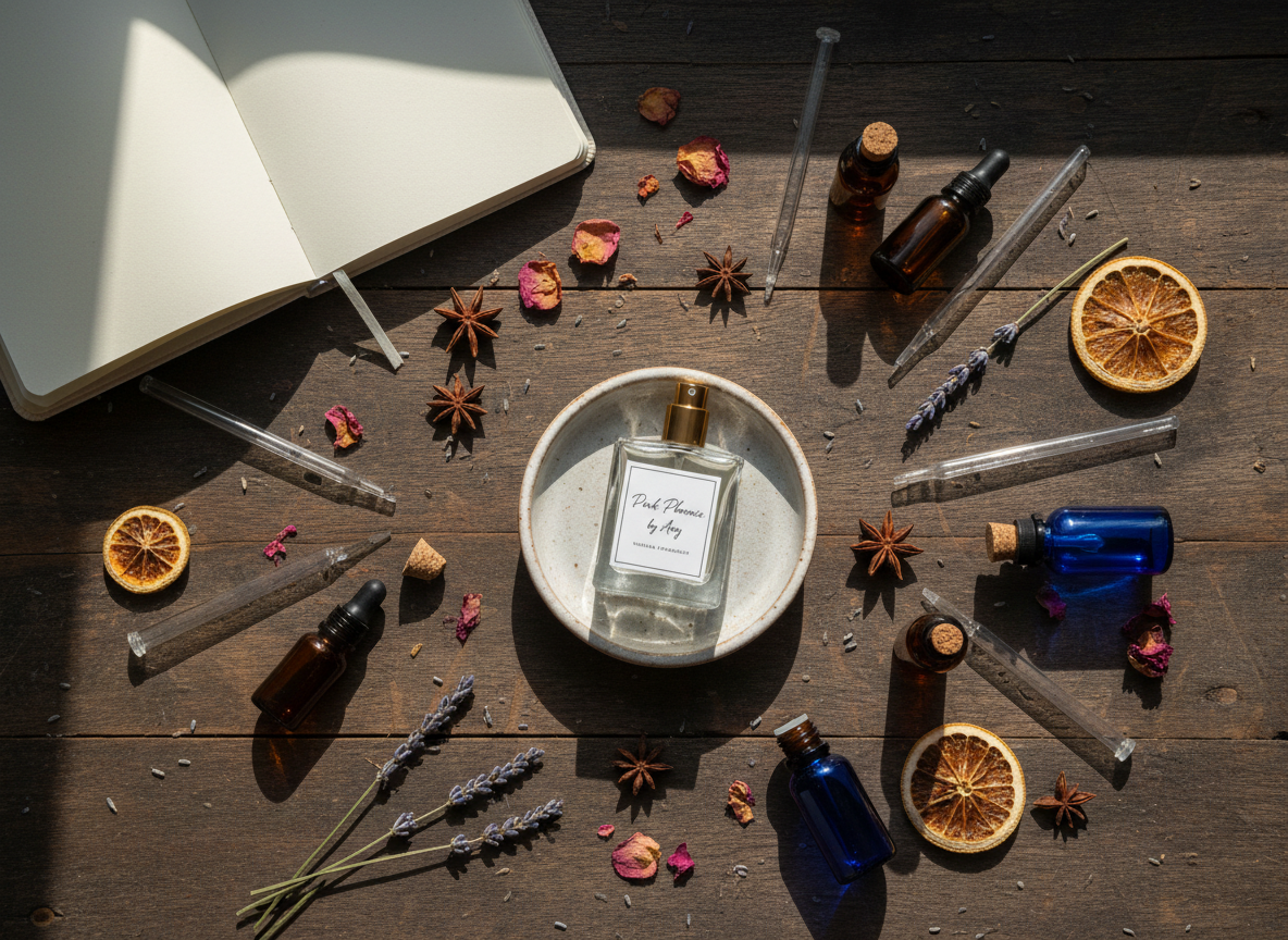 An overhead photographic view of a handcrafted fragrance-making workspace: a dark wooden table scattered with clear glass droppers, small amber and cobalt blue essential oil bottles, organic dried botanicals, and a simple notebook open to a blank page with no visible writing. At the center, a partially filled, minimalist perfume bottle sits in a shallow ceramic dish. Natural daylight from an unseen window washes across the scene, creating gentle shadows and a serene, focused atmosphere. The composition follows the rule of thirds, with the central bottle anchoring the frame and tools artfully radiating outward. The mood is intimate, meticulous, and creative, conveying the artisanal process behind Pink Phoenix by Amy’s natural fragrances.