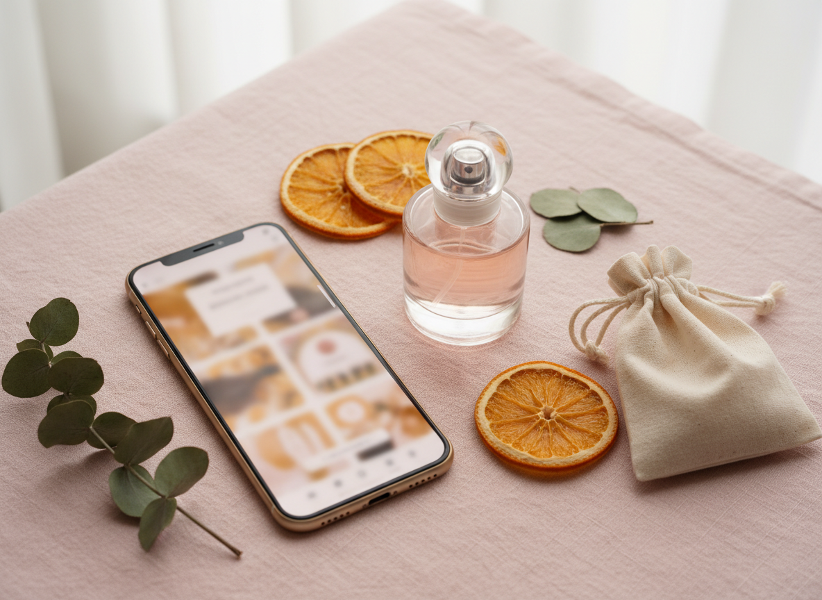 A refined, flat-lay composition featuring a smartphone and a delicate fragrance bottle arranged on a soft blush linen cloth. The phone screen shows an abstract, out-of-focus interface with warm tones, subtly suggesting an online marketplace without any legible logos or text, hinting at an Etsy connection rather than direct purchase. Beside it, the glass bottle holds a pale pink fragrance, surrounded by organic elements like dried citrus wheels, eucalyptus leaves, and a small cotton pouch. Soft, overcast window light creates an even, gentle illumination with minimal shadows. Photographic realism with a stylish, minimalist aesthetic, the mood is modern, connected, and sophisticated, emphasizing the bridge between handcrafted scents and online shopping.