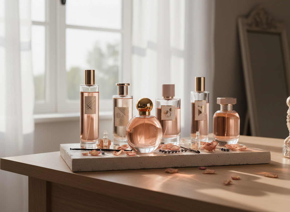 A collection of elegant glass perfume bottles filled with delicate blush pink and amber-tinted natural fragrances, each labeled with minimal, refined designs but no readable text. They rest on a pale stone tray alongside scattered dried rose petals, vanilla pods, and sprigs of lavender, subtly suggesting essential oils and organic botanicals. The scene is set on a light oak vanity near a large window, with soft morning sunlight creating gentle reflections in the glass and casting graceful shadows. Shot at eye level in photographic realism with a shallow depth of field, the front bottle in crisp focus and the background softly blurred, the mood is sophisticated, calm, and luxurious, perfect for a natural fragrance brand.