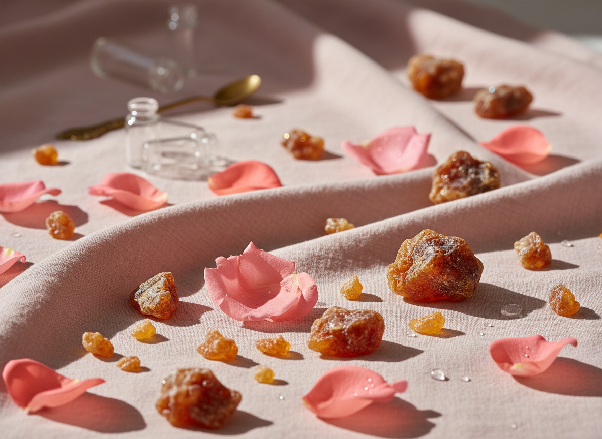Elegant close-up photograph of fresh pink rose petals and raw amber resin arranged on a soft blush linen surface, natural daylight, minimal sophisticated styling, warm rose and amber palette, premium organic fragrance ingredients