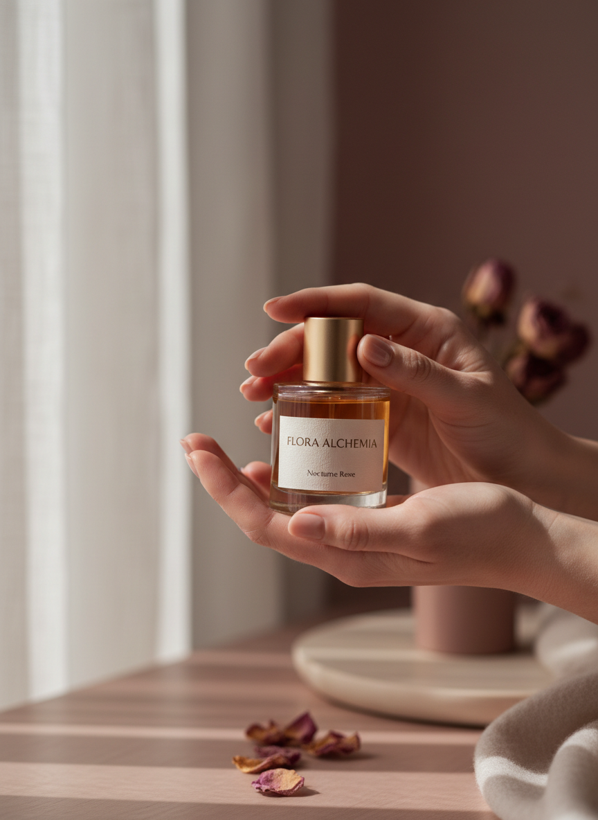 Sophisticated editorial photograph of a woman's hands cradling a small amber glass fragrance bottle, soft natural window light, dusty rose and mauve tones, blurred background, artisanal and intimate mood, premium natural perfume brand aesthetic