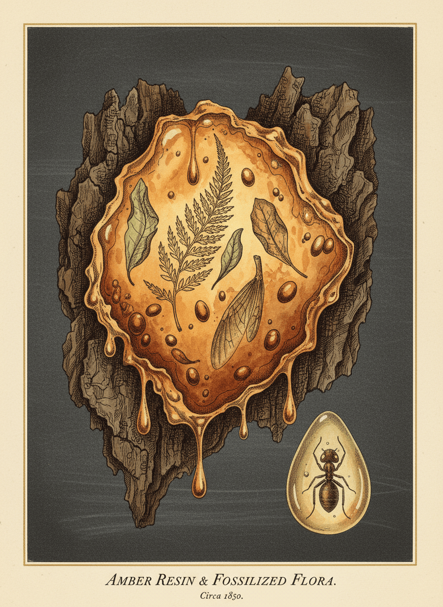 A detailed, moody botanical illustration of amber resin with botanical elements — tree bark, resin droplets, fossilized plant inclusions — rendered in a vintage scientific illustration style. Warm golden ambers and deep burnt siennas, fine ink linework, dark sophisticated background, elegant and refined.