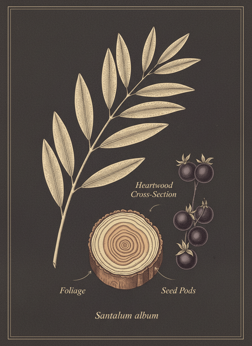 A detailed, moody botanical illustration of a sandalwood branch with leaves, heartwood cross-section, and seed pods, rendered in a vintage scientific illustration style. Warm creamy tones and soft browns, fine ink linework, dark sophisticated background, elegant and refined.