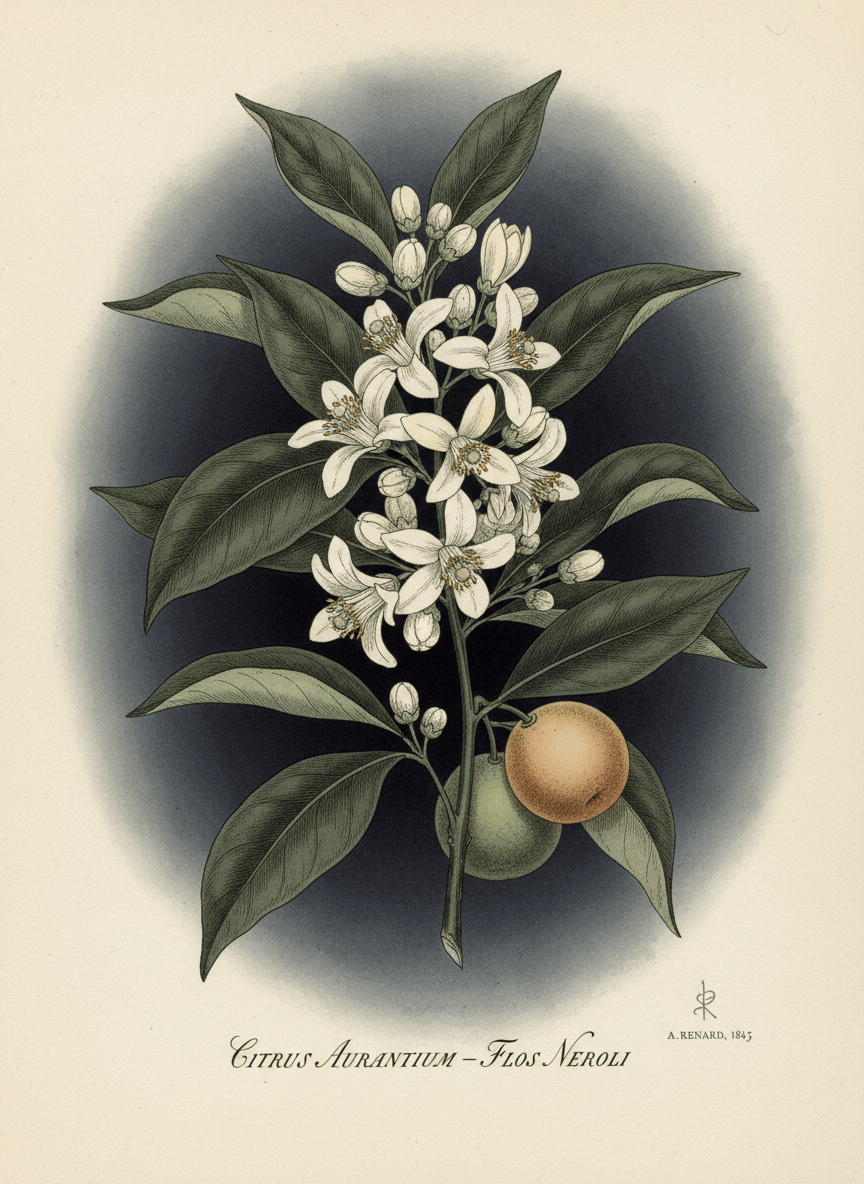 A detailed, moody botanical illustration of orange blossom (neroli) flowers with leaves, buds, and small oranges, rendered in a vintage scientific illustration style. Delicate whites and soft greens against a dark sophisticated background, fine ink linework, elegant and refined.