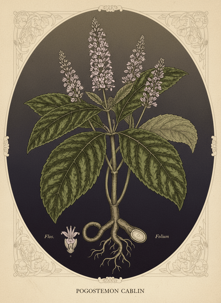 A detailed, moody botanical illustration of a patchouli plant with its distinctive textured leaves and small flowering spikes, rendered in a vintage scientific illustration style. Deep forest greens and earthy tones, fine ink linework, dark sophisticated background, elegant and refined.