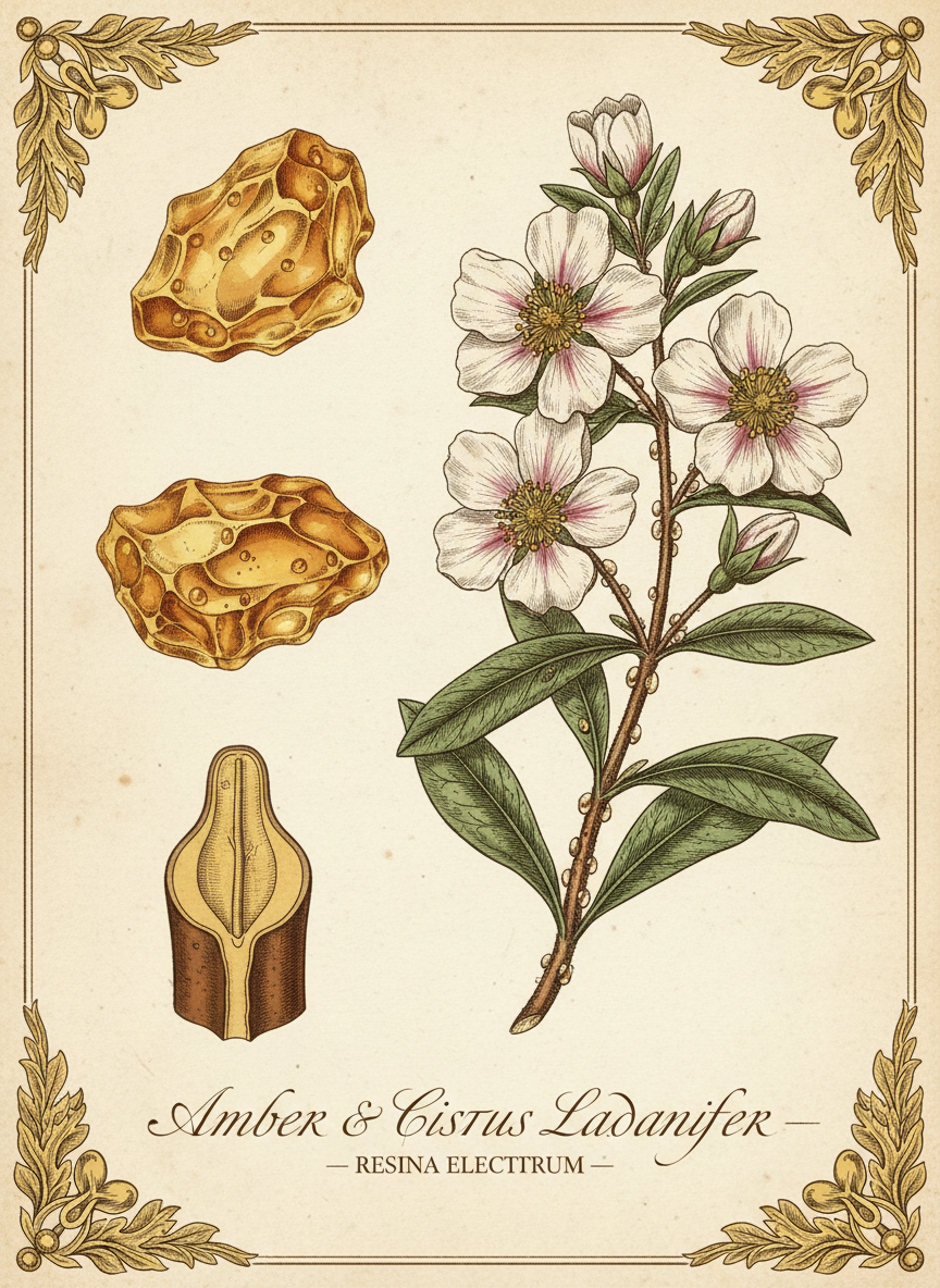 Vintage botanical illustration of amber resin and cistus rockrose