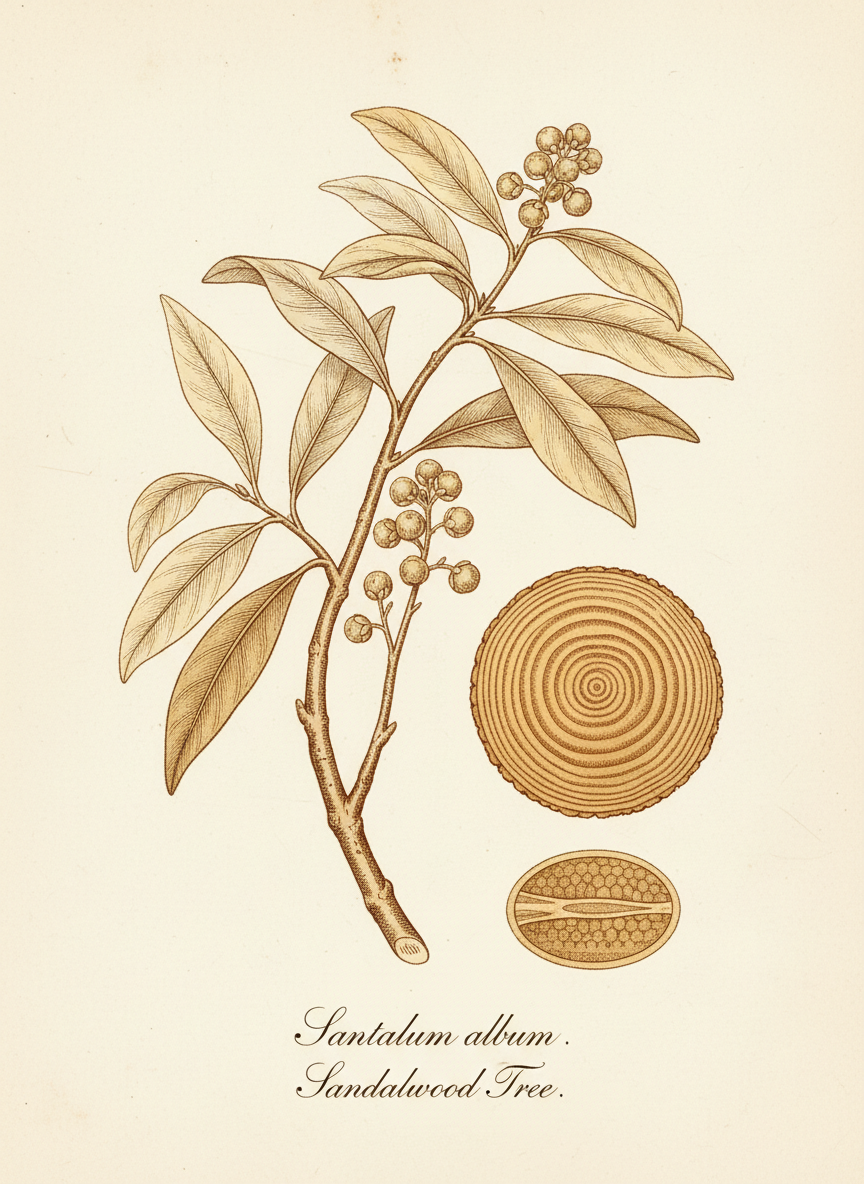 Vintage botanical illustration of a sandalwood branch