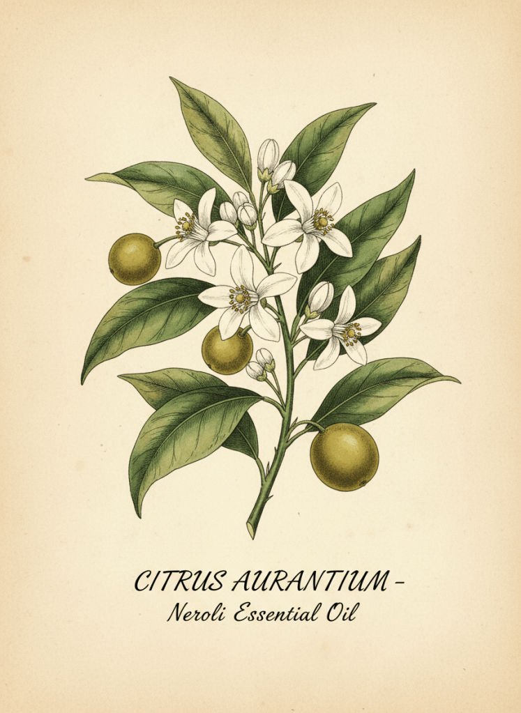 A refined vintage botanical illustration of orange blossom (Citrus aurantium) for neroli essential oil, in the style of 18th century botanical engravings. Detailed pen-and-ink with soft watercolor washes in pure white, pale green, and soft golden tones. Shows delicate white five-petaled blossoms, waxy leaves, and small developing fruit on the branch. Cream background. Elegant, fresh, and luminous.