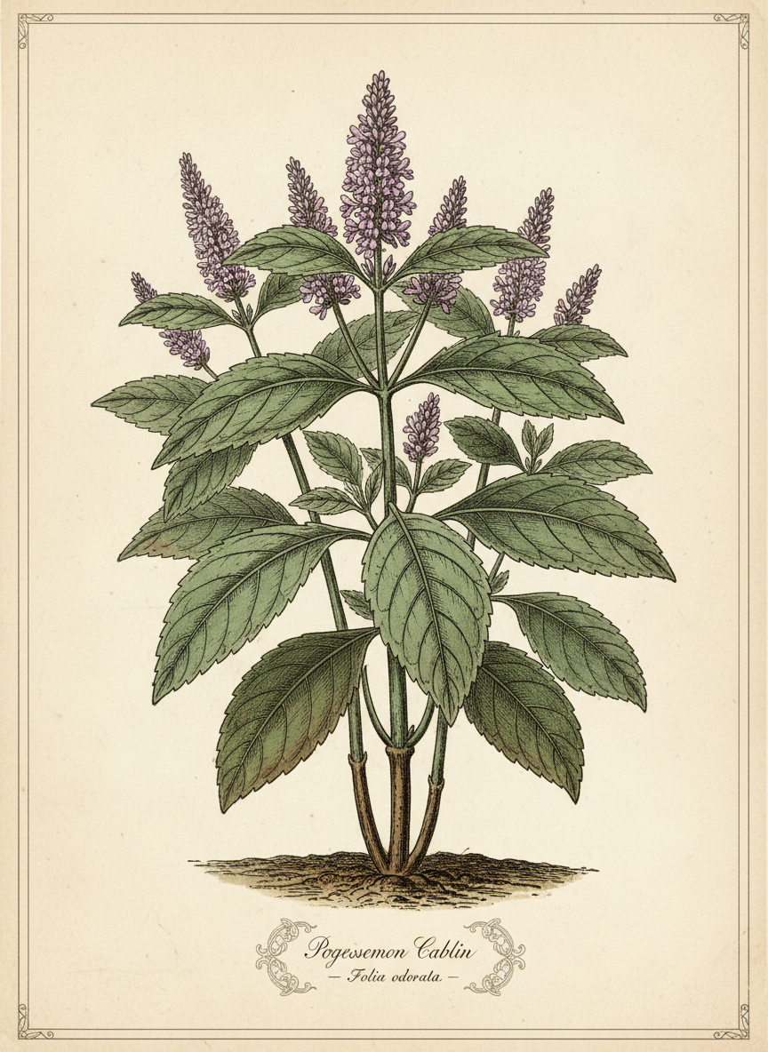 Vintage botanical illustration of a patchouli plant