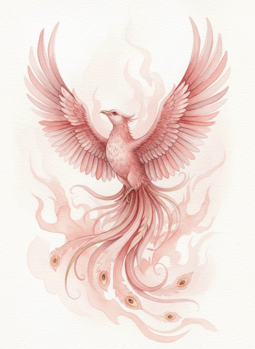 A beautifully drawn watercolor illustration of a phoenix bird in shades of pink, blush, dusty rose, and soft coral. The phoenix is rising with wings spread wide, feathers flowing elegantly. Delicate and sophisticated style, with subtle gold accents on the feather tips. Soft, ethereal background with wisps of rose-gold flames. Artisanal, feminine, and luxurious feel. Transparent or light background.