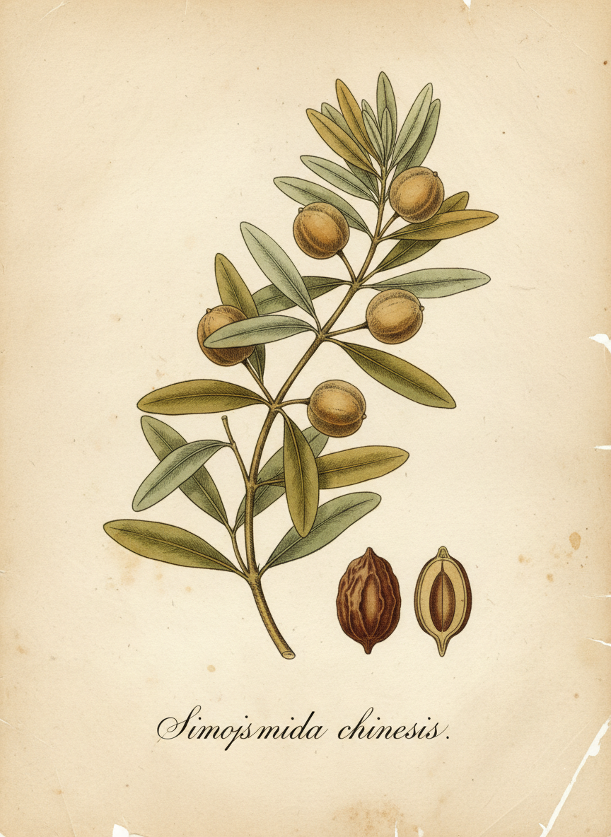 Vintage botanical illustration of jojoba plant and seeds