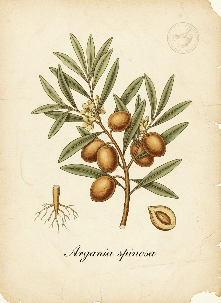 Vintage botanical illustration of argan (Argania spinosa) in the style of 18th century apothecary plates. Aged cream parchment background, detailed botanical line work with soft watercolour fills in muted greens and warm golds, showing leaves, branches, and argan nuts. Latin name "Argania spinosa" in elegant serif script. Same style as classic Köhler's Medizinal-Pflanzen plates.
