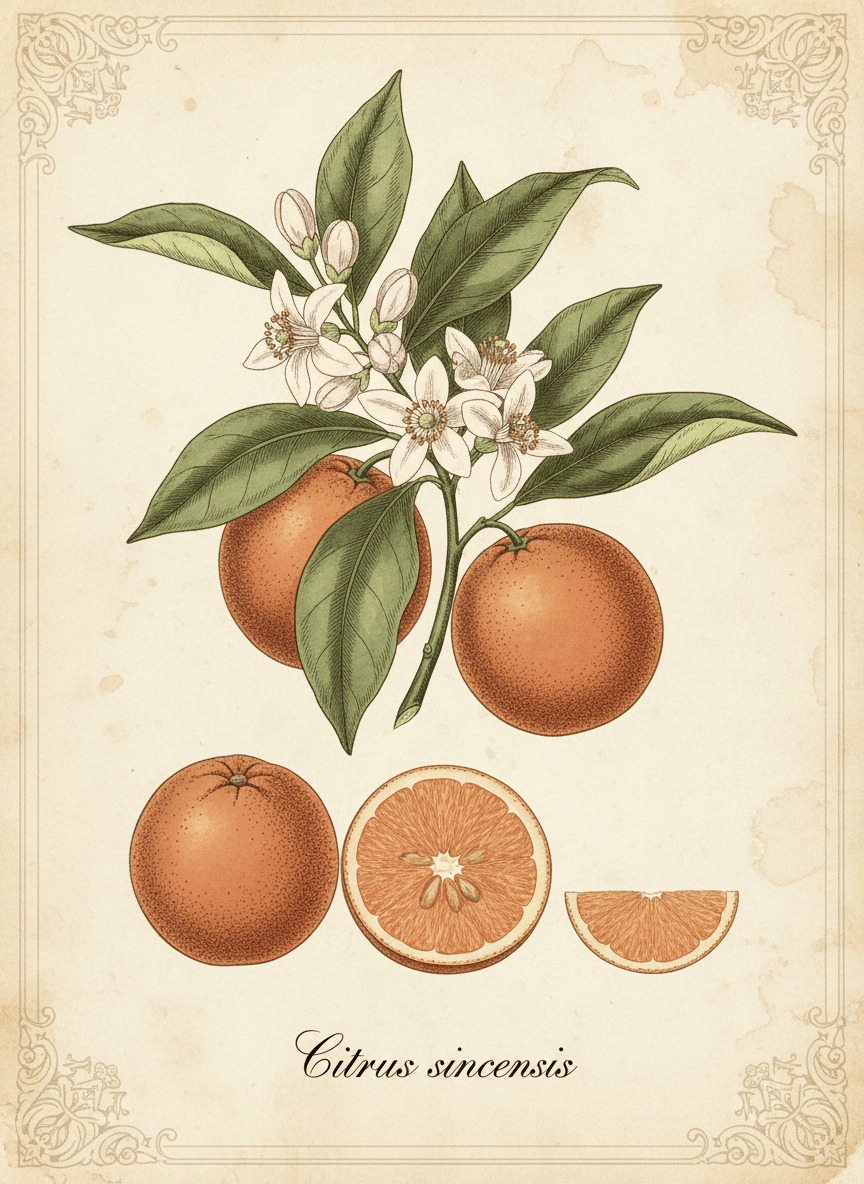 Vintage botanical illustration of sweet orange (Citrus sinensis) in the style of 18th century apothecary plates. Aged cream parchment background, detailed botanical line work with soft watercolour fills in muted greens and warm oranges, showing leaves, blossoms, and whole and cross-sectioned fruit. Latin name "Citrus sinensis" in elegant serif script. Same style as classic Köhler's Medizinal-Pflanzen plates.
