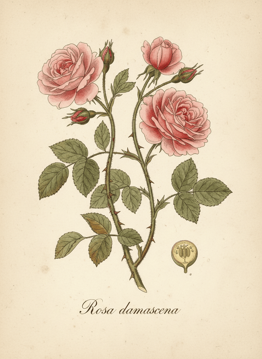 Vintage botanical illustration of Damask rose (Rosa damascena) in the style of 18th century apothecary plates. Aged cream parchment background, detailed botanical line work with soft watercolour fills in blush pinks and muted greens, showing full blooms, buds, leaves, and thorned stems. Latin name "Rosa damascena" in elegant serif script. Same style as classic Redouté botanical plates.