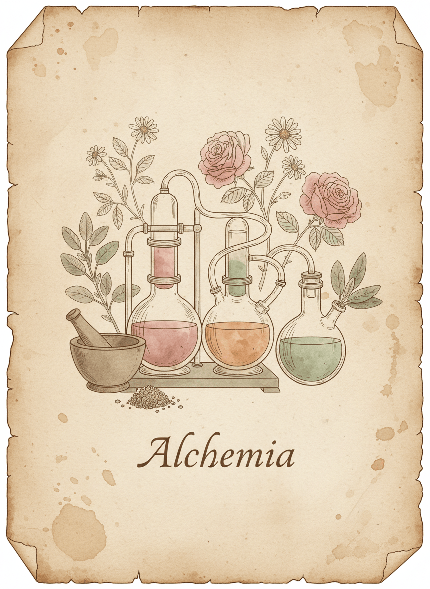 Vintage botanical illustration style on aged parchment paper. An alchemical scene featuring glass alembic distillation vessels, a mortar and pestle, and delicate botanical sprigs arranged around them. Soft watercolour fills in muted rose, amber and sage tones. Elegant serif Latin text "Alchemia" beneath. Same apothecary aesthetic as 18th century botanical plates.