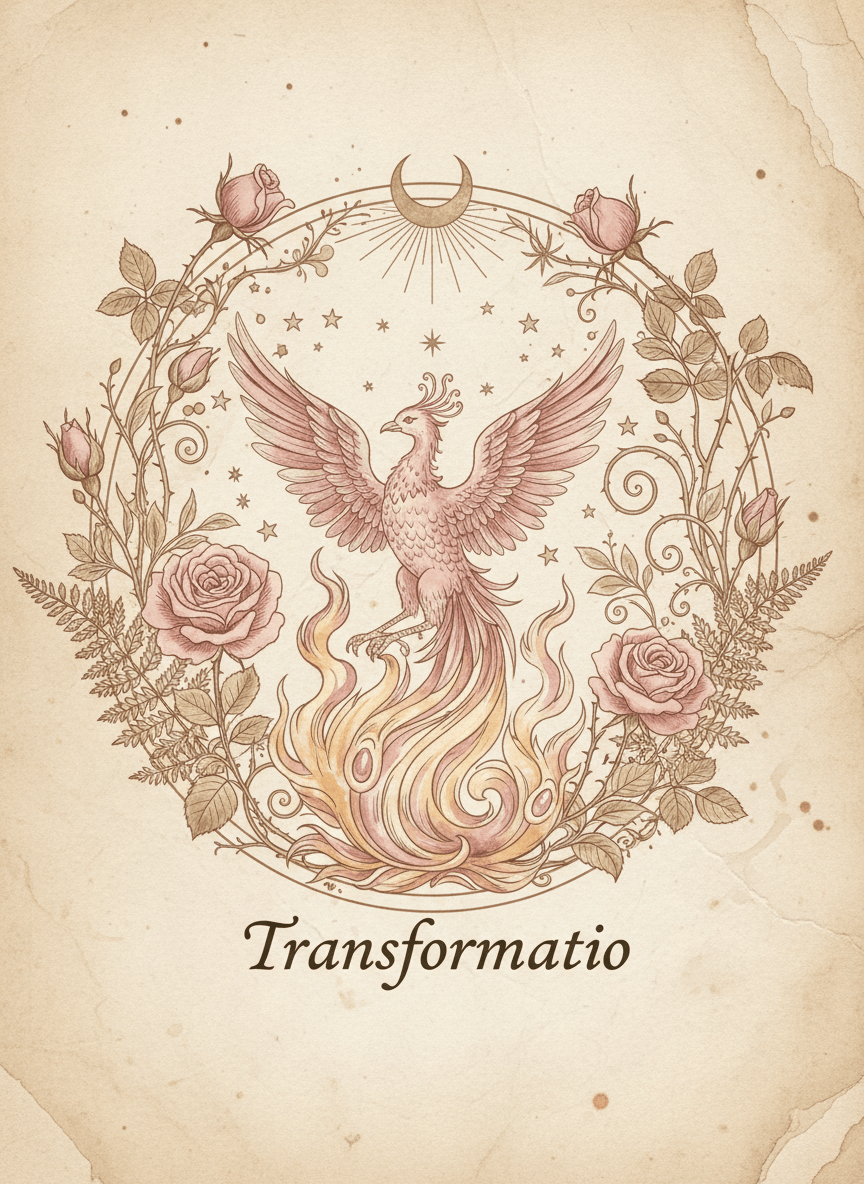 Vintage botanical illustration style on aged parchment paper. An alchemical scene featuring a rising phoenix surrounded by flames, botanical elements, and celestial symbols like stars and a crescent moon. Soft watercolour fills in dusty rose, blush pink and warm gold tones. Elegant serif Latin text "Transformatio" beneath. Same apothecary aesthetic as 18th century botanical plates.