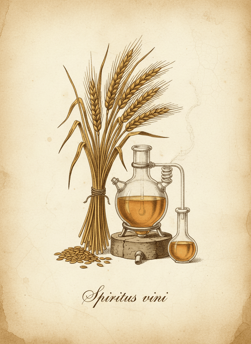 Vintage botanical apothecary illustration of grain alcohol / perfumer's alcohol. Show wheat or grain stalks with a glass distillation vessel or alembic flask, in the style of an 18th century botanical plate. Aged parchment/cream background, soft watercolour fills in warm golden and amber tones, detailed botanical line work, Latin text "Spiritus vini" in elegant serif script. Consistent with classic Köhler's Medizinal-Pflanzen style.