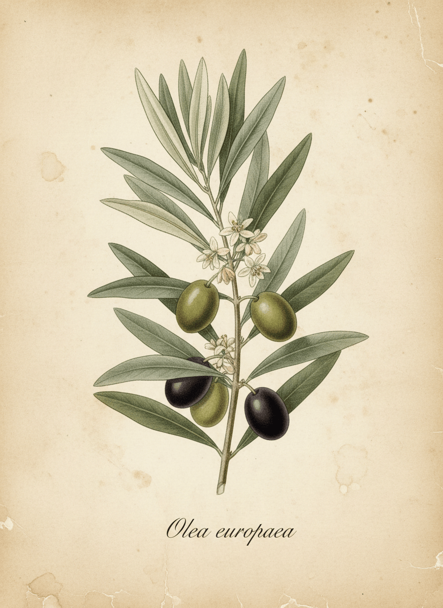 Vintage botanical apothecary illustration of olive, the source of castile soap. Show olive branch with leaves, olives, and blossoms, in the style of an 18th century botanical plate. Aged parchment/cream background, soft watercolour fills in muted greens and silvery grey-greens, detailed botanical line work, Latin text "Olea europaea" in elegant serif script. Consistent with classic Köhler's Medizinal-Pflanzen style.