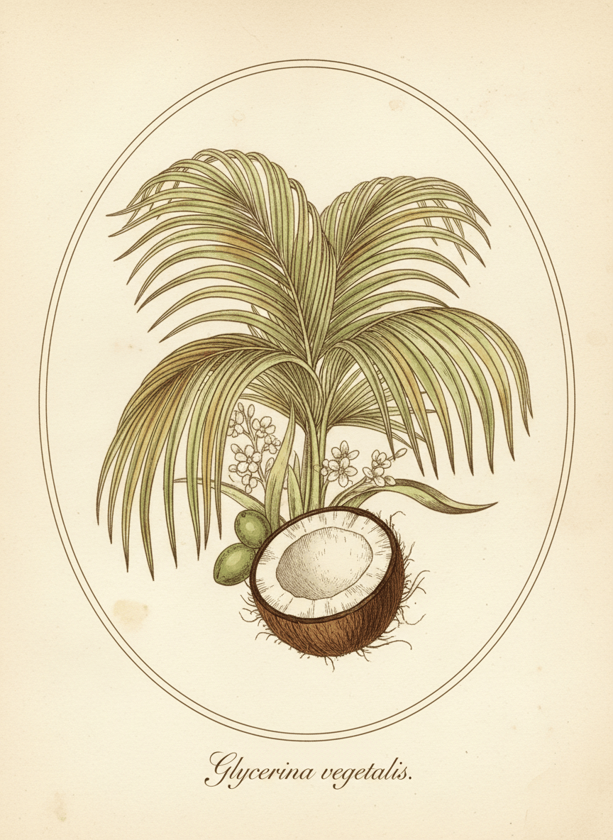 Vintage botanical apothecary illustration representing vegetable glycerine derived from coconut and palm. Show coconut palm fronds, a coconut cross-section, and small palm flowers, in the style of an 18th century botanical plate. Aged parchment/cream background, soft watercolour fills in warm tropical greens and creamy whites, detailed botanical line work, Latin text "Glycerina vegetalis" in elegant serif script. Consistent with classic Köhler's Medizinal-Pflanzen style.