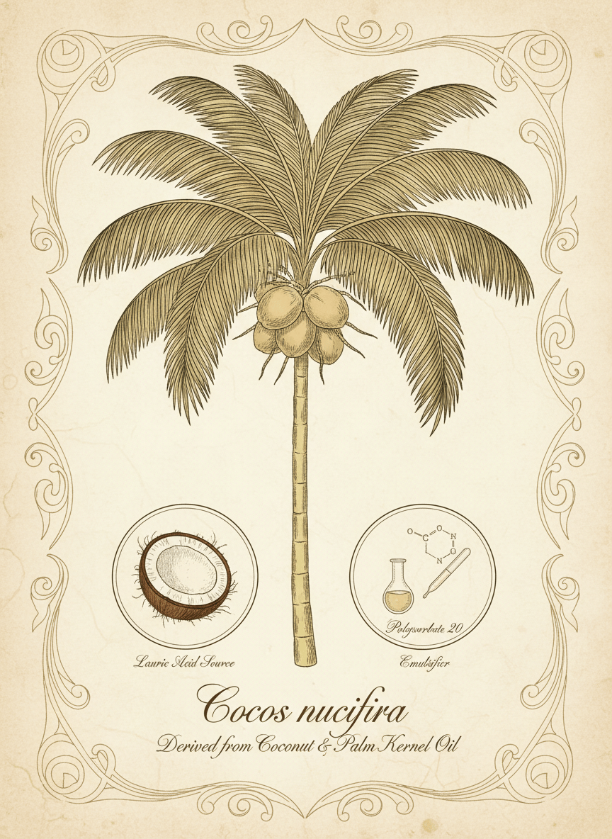 Vintage botanical apothecary illustration representing polysorbate 20, derived from lauric acid in coconut and palm kernel oil. Show a detailed coconut palm with fruit, leaves, and cross-sections of the kernel, in the style of an 18th century botanical plate. Aged parchment/cream background, soft watercolour fills in warm greens and ivory tones, detailed botanical line work, Latin text "Cocos nucifera" in elegant serif script. Consistent with classic Köhler's Medizinal-Pflanzen style.