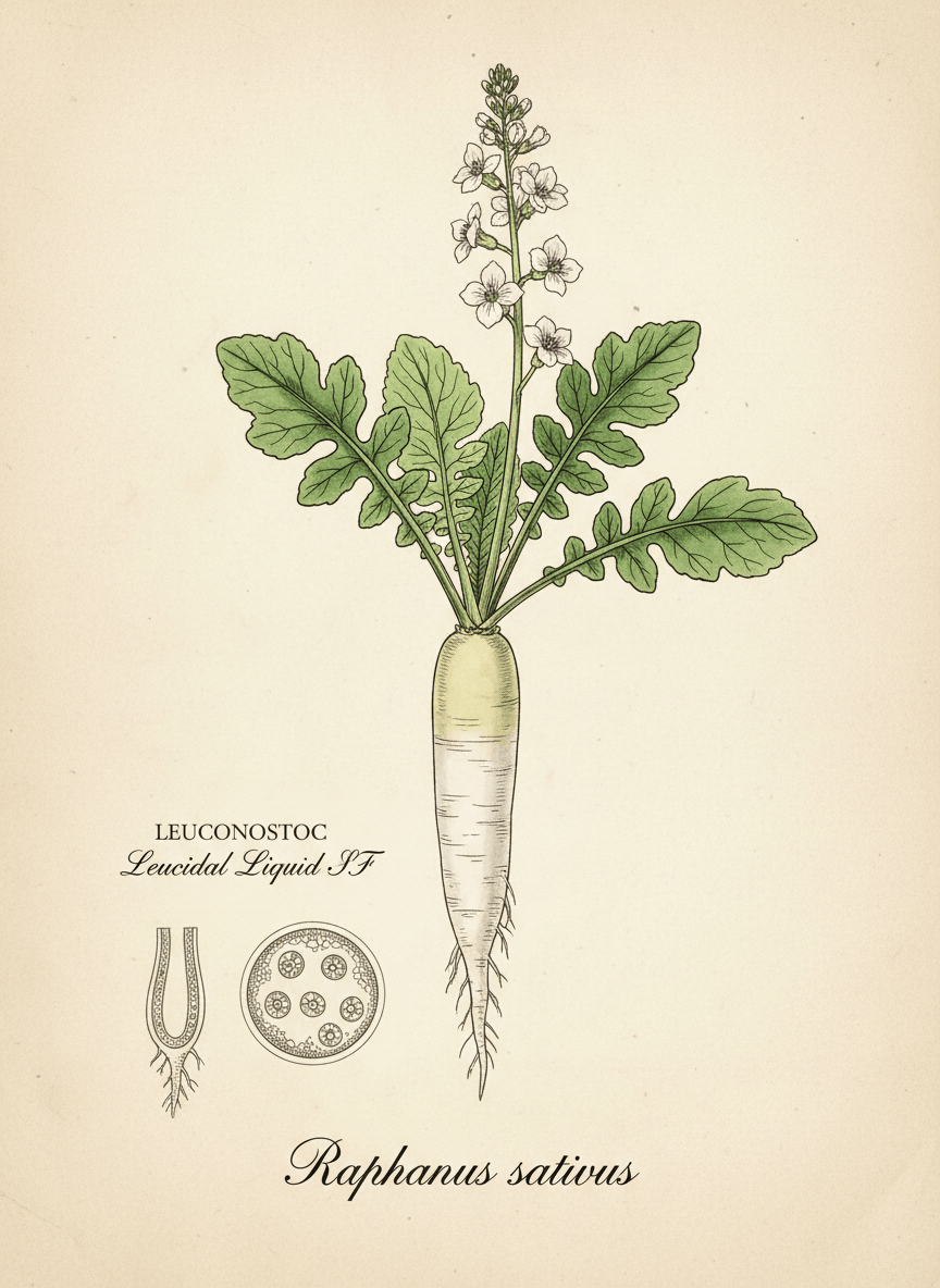 Vintage botanical apothecary illustration representing Leuconostoc, the fermented radish root source of Leucidal Liquid SF. Show a detailed daikon radish plant with roots, leaves, and small white flowers, in the style of an 18th century botanical plate. Aged parchment/cream background, soft watercolour fills in soft whites, pale purples and fresh greens, detailed botanical line work, Latin text "Raphanus sativus" in elegant serif script. Consistent with classic Köhler's Medizinal-Pflanzen style.