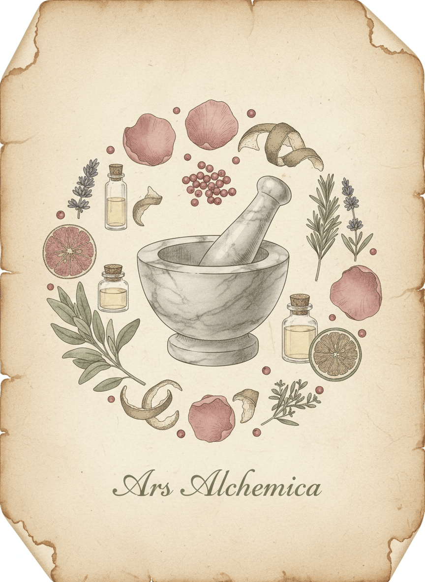 Vintage botanical apothecary plate illustration of a marble mortar and pestle surrounded by rose petals, pink peppercorns, citrus peel slices, tiny glass oil bottles and dried botanical sprigs. Dusty rose, sage green and cream tones on aged parchment background. Latin text "Ars Alchemica" in elegant serif script. Fine line work with soft watercolour washes, 18th century botanical plate style.
