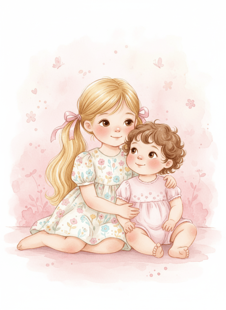 Soft watercolour children's book style illustration of two young sisters. The older girl is 4 years old with long blonde hair in pigtails, sweet smile, wearing a pretty dress. The younger girl is 18 months old with short brown curly hair, chubby toddler cheeks, sitting beside her big sister. The older girl has her arm around the baby lovingly. Warm, tender, whimsical illustration style with soft pastel tones. Gentle background with soft pink and cream tones.