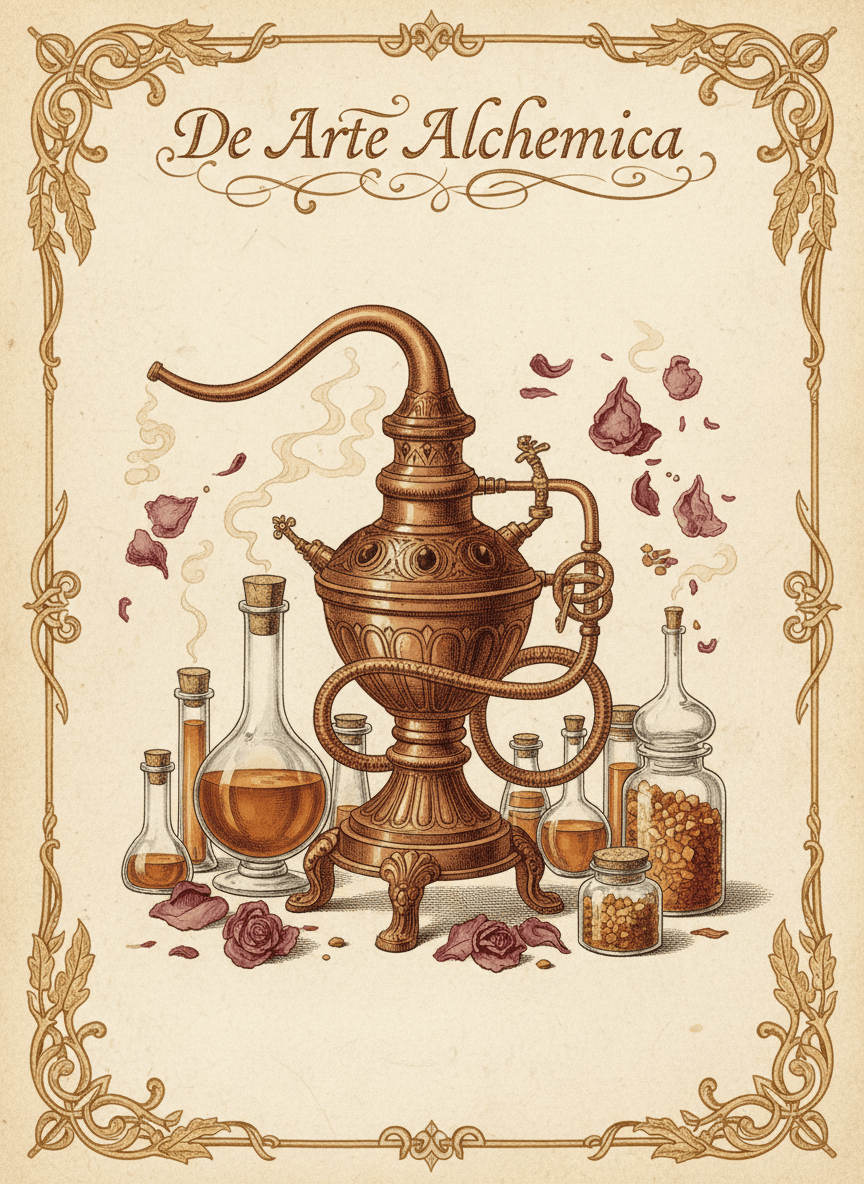 Vintage botanical apothecary plate illustration depicting the art of alchemical distillation. A beautifully ornate copper alembic still with coiled condensing tubes, surrounded by glowing amber liquid in glass flasks, dried rose petals, crystalline botanical extracts, and wisps of aromatic steam. Warm gold, amber and dusty rose tones on aged cream parchment. Latin inscription "De Arte Alchemica" in elegant serif script with flourishes. Intricate fine line engraving style with soft watercolour washes. 18th century scientific illustration aesthetic.