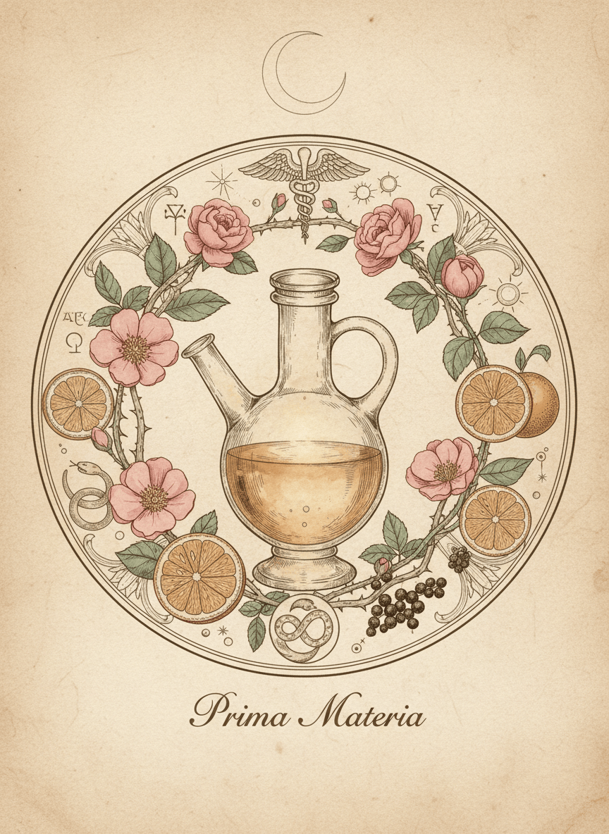 Vintage apothecary plate illustration with alchemical symbolism. A central ornate glass retort vessel filled with glowing golden liquid, encircled by botanical elements — rose branches, citrus slices, peppercorn sprigs — and classical alchemical symbols rendered as delicate engravings. Crescent moon and stars subtly woven into the background. Warm blush pink, gold and sage green tones on aged parchment. Latin text "Prima Materia" in elegant script. Fine line engraving with soft watercolour wash, 18th century style.