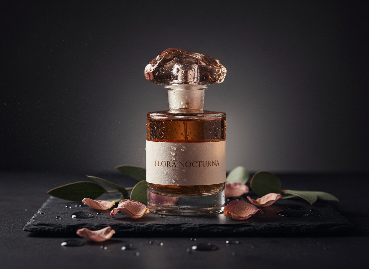 Moody editorial still life of a natural artisan perfume bottle with rose gold highlights and botanical elements