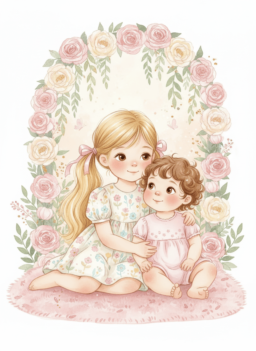 Create a fresh watercolor-style illustration based on the existing image, keeping the same two little girls and their recognizable identities: Melody, the older sister with long blonde hair in pigtails, and Harlee, her younger sister with brown curly hair. Give the composition a slightly different look while preserving the gentle, upscale Pink Phoenix botanical fragrance aesthetic, soft blush and warm vanilla tones, delicate natural details, and wholesome storybook feeling. Do not change the girls into different children.