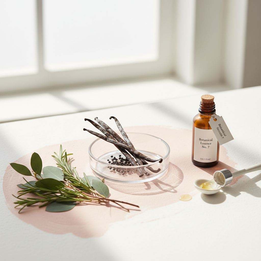 Flat lay of natural fragrance ingredients: vanilla pods, green botanical sprigs, and a small bottle of essential oil on a warm white surface