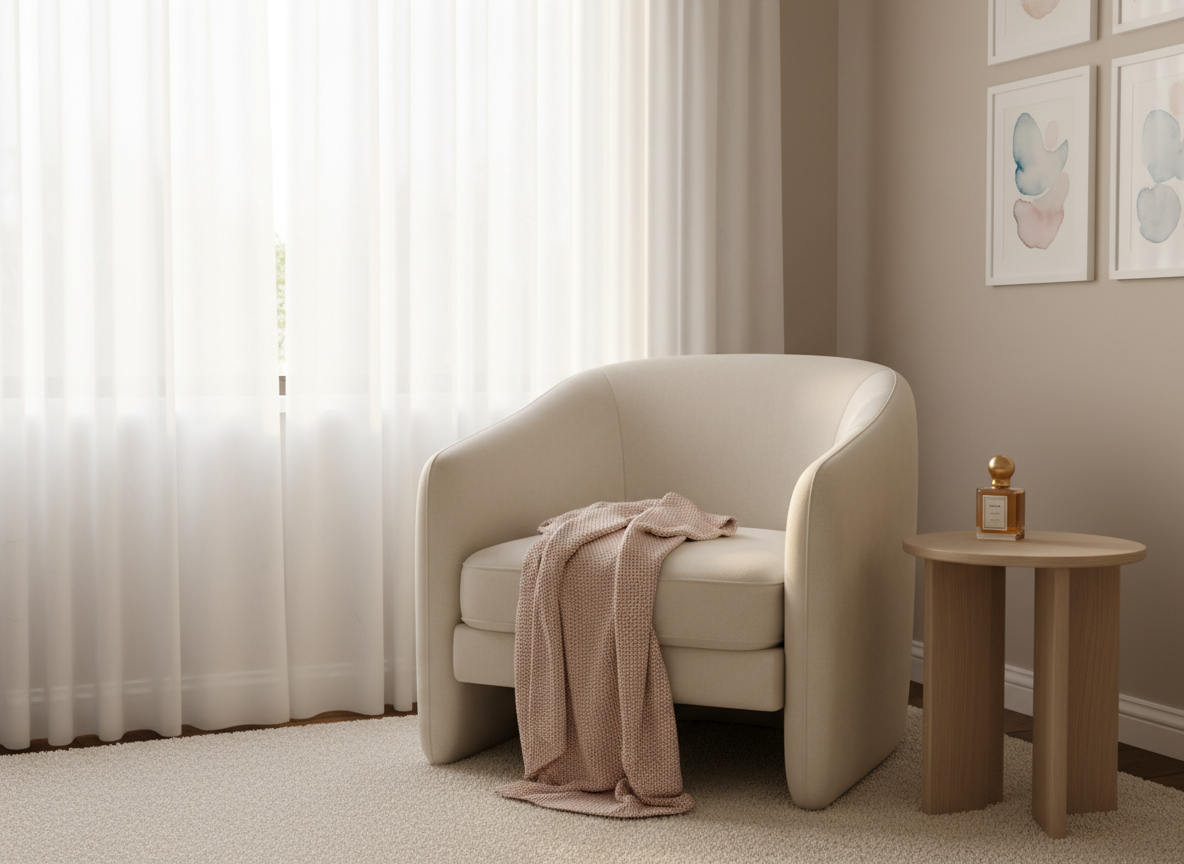 Serene nursery corner with a cream chair, a folded blush blanket, and an amber fragrance bottle on a light wood table by a bright window