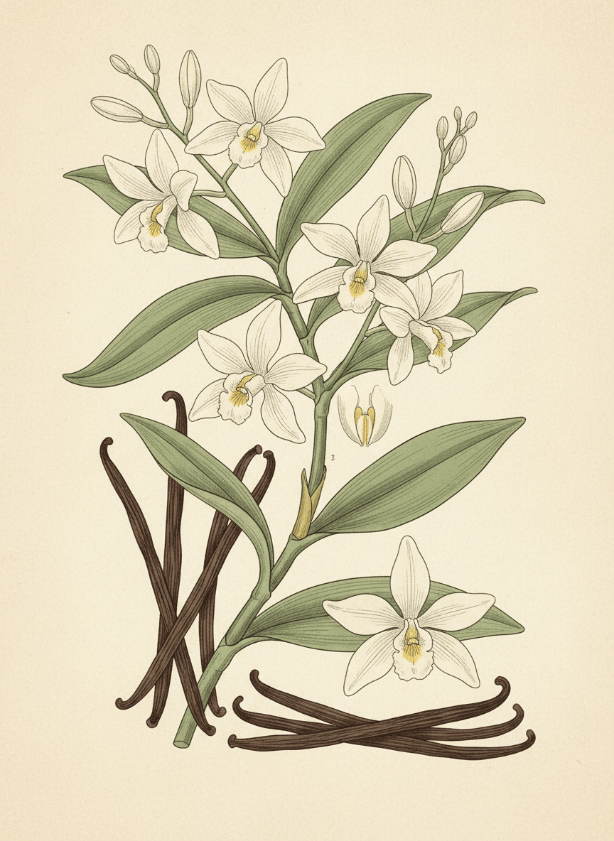 A refined vintage botanical print of the vanilla orchid plant and vanilla beans, rendered as a scientific botanical illustration on warm ivory paper with delicate fine linework, muted sage green leaves, creamy white vanilla flowers, and rich brown vanilla pods. Elegant, detailed, natural-history plate aesthetic, no text, no border, suitable for a sophisticated artisan fragrance blog post.