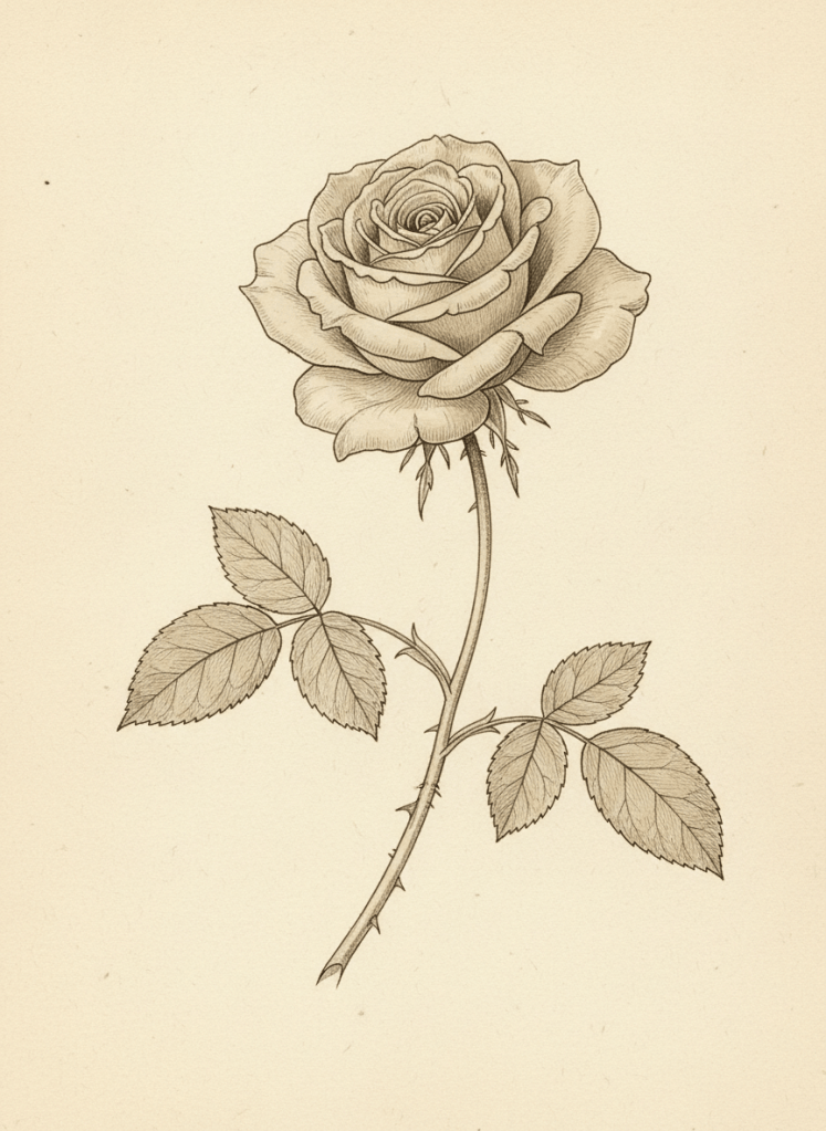 An original delicate botanical illustration of a single heirloom garden rose on a slender stem with a few detailed leaves, rendered as an elegant vintage scientific drawing in fine graphite and muted sepia ink on a warm ivory paper background. Refined, airy, sophisticated, suitable as decorative artwork for a luxury botanical perfume website. No text, no border, no watermark, no frame, no extra flowers.