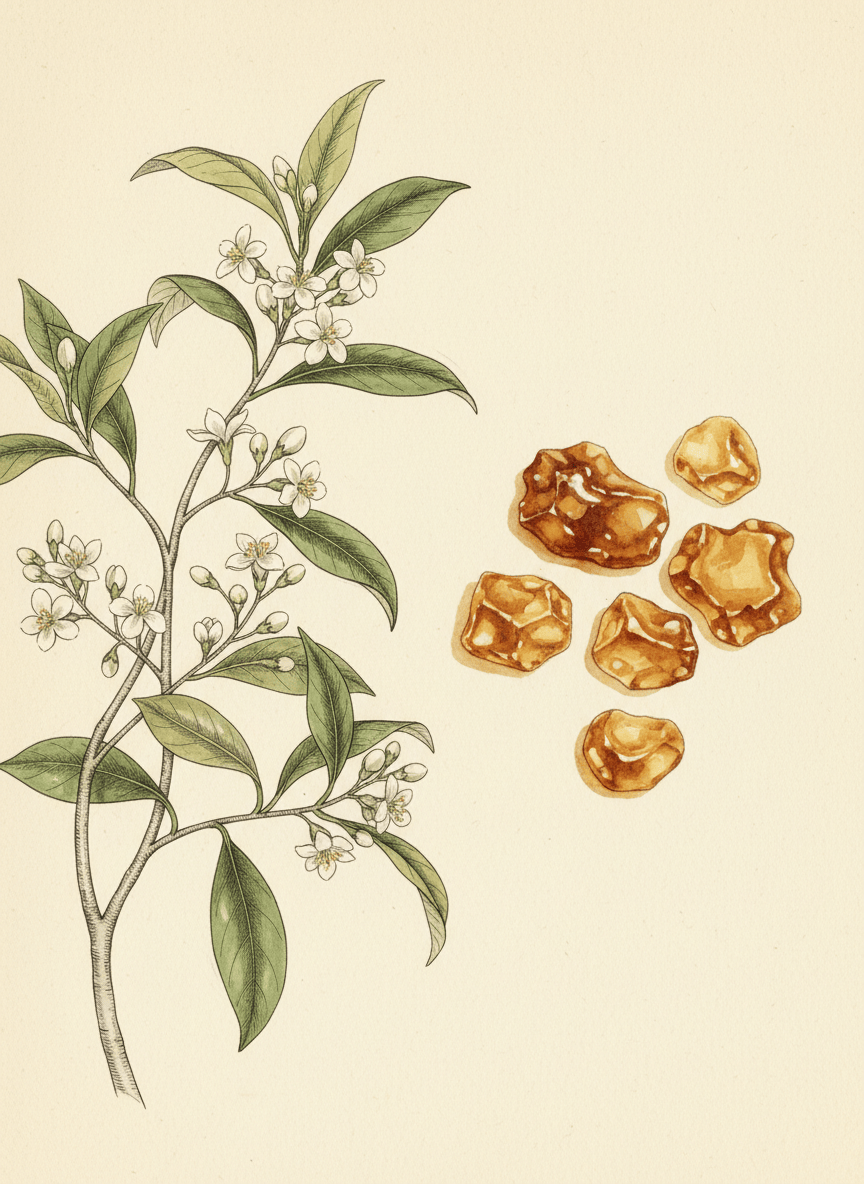 A refined vintage botanical illustration of the benzoin tree (Styrax benzoin), showing a graceful branching tree with glossy leaves and small white star-shaped flowers, alongside a close-up of amber-golden benzoin resin tears on warm ivory paper. Elegant scientific drawing in fine graphite, muted sepia ink, and restrained natural watercolor accents. Sophisticated, airy, historically botanical, suitable for a luxury natural perfume website. No text, no border, no watermark, no frame.
