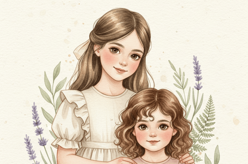 A delicate, sophisticated watercolor illustration of two young sisters standing together: the older girl has dark blonde hair and the younger girl has brunette hair. Warm, affectionate family portrait, soft natural expressions, tasteful botanical accents, gentle blush and cream palette, elegant hand-painted paper texture, suitable for a refined botanical perfume website. No text, no logo, no watermark.