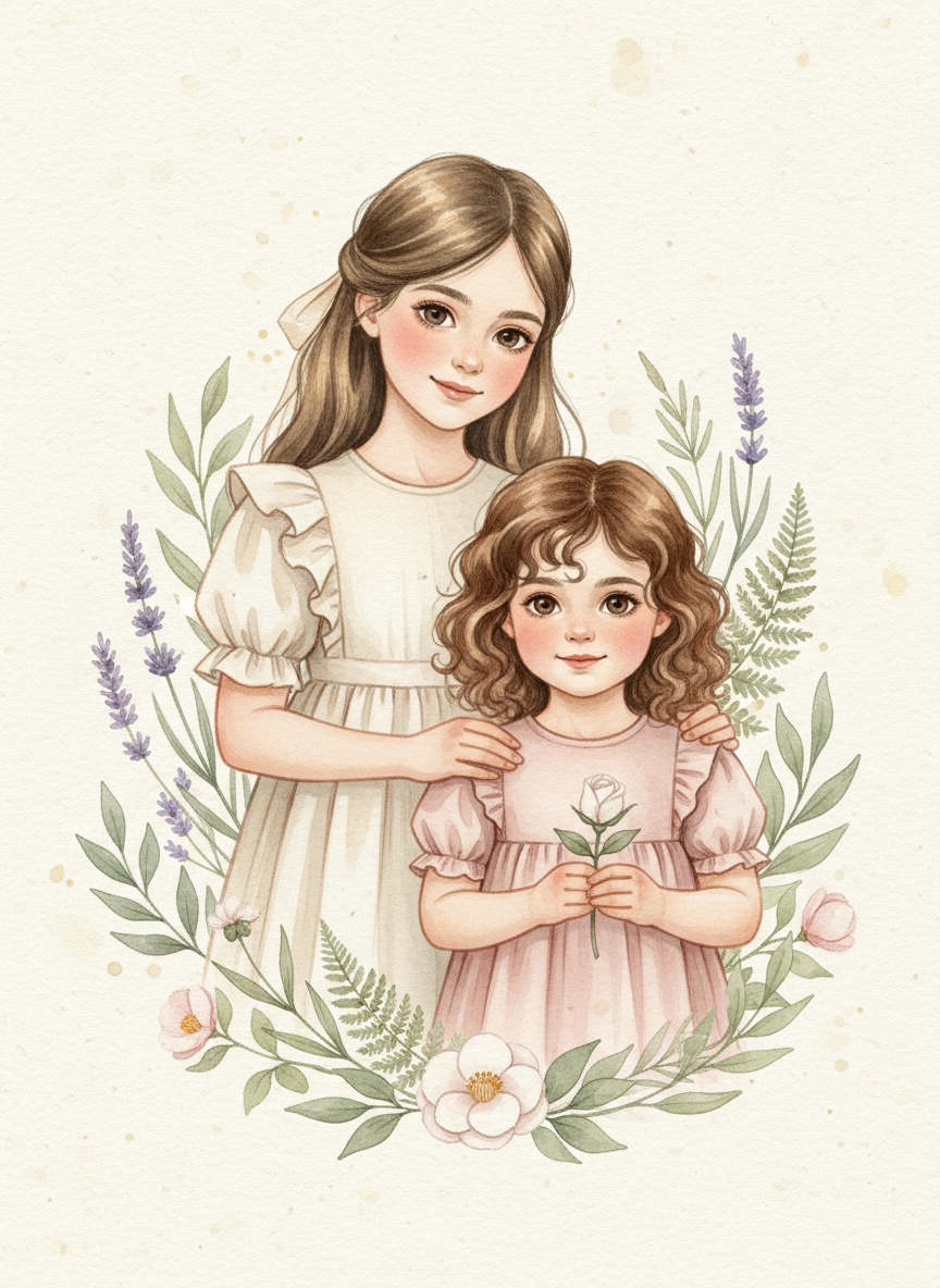 A delicate, sophisticated watercolor illustration of two young sisters standing together: the older girl has dark blonde hair and the younger girl has brunette hair. Warm, affectionate family portrait, soft natural expressions, tasteful botanical accents, gentle blush and cream palette, elegant hand-painted paper texture, suitable for a refined botanical perfume website. No text, no logo, no watermark.